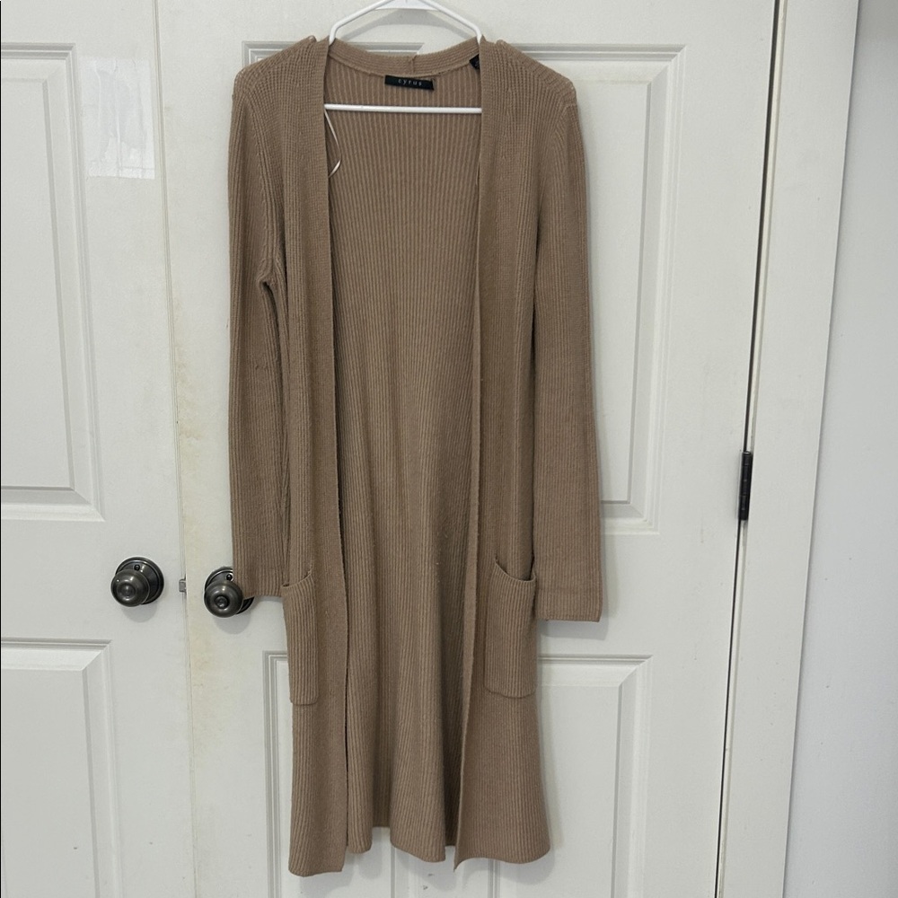 Cyrus Women's Long Tan Cardigan size XS pockets